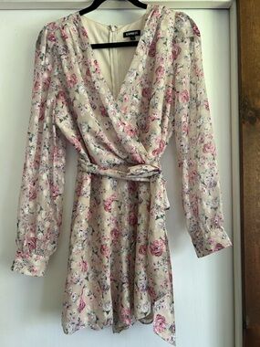 Express Beige Floral Wrap Romper with Pink Roses